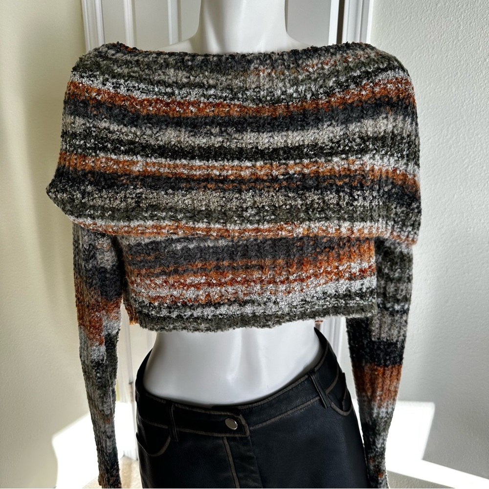 Fashion Nova Off-the-Shoulder Striped Sweater - Black, Gray, Brown